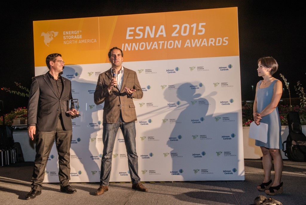  Dr. Simon Ellgas Senior Advanced Technology Engineer - Sustainable Mobility, BMW Group Technology Office USA accepts ESNA Innovation Award for BMW i ChargeForward battery 2nd life storage solution